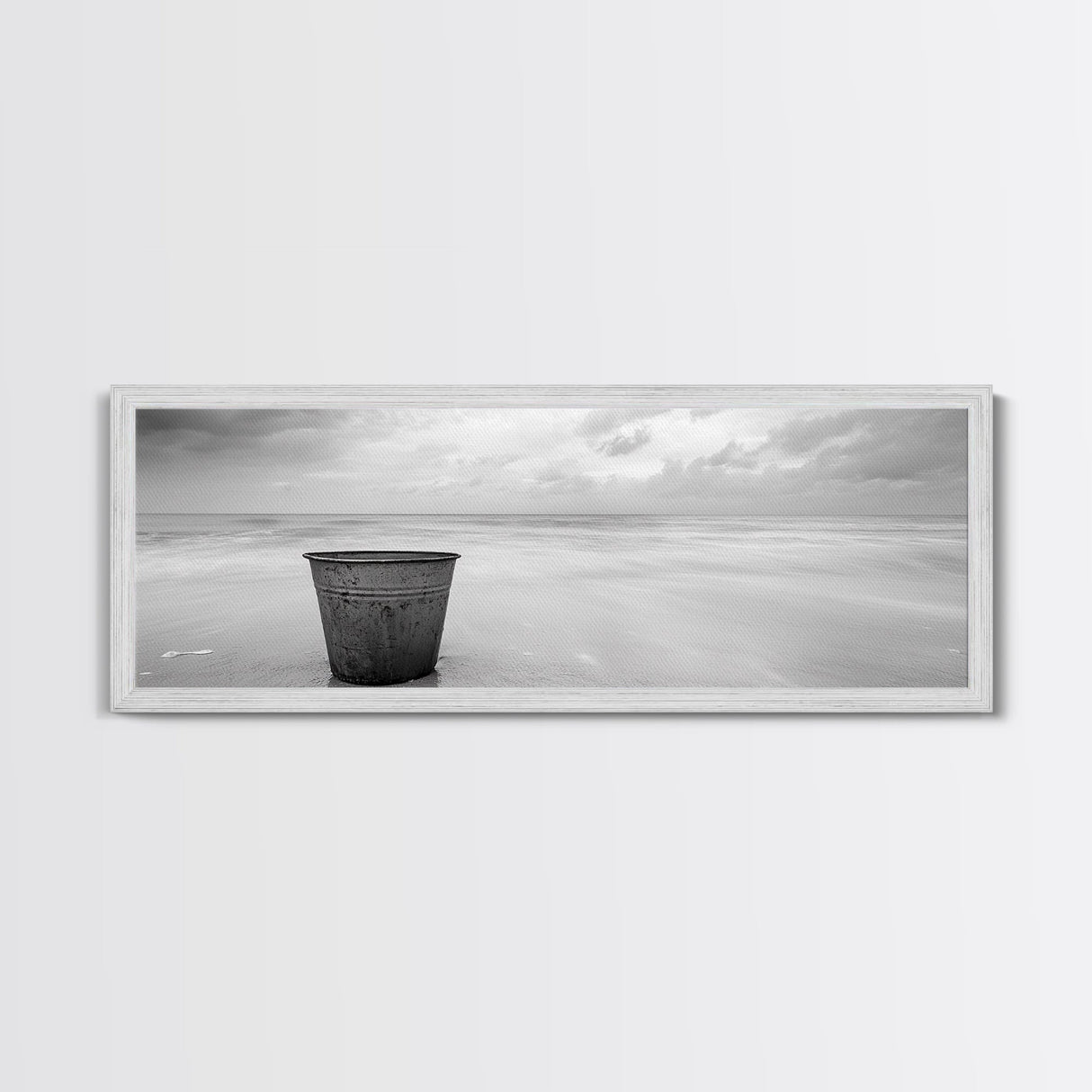 Seaside Metal Pail, Coastal Minimalism, Black White Art, Modern Bathroom Art, Framed Canvas Print, Tranquil Ocean Wall Decor
