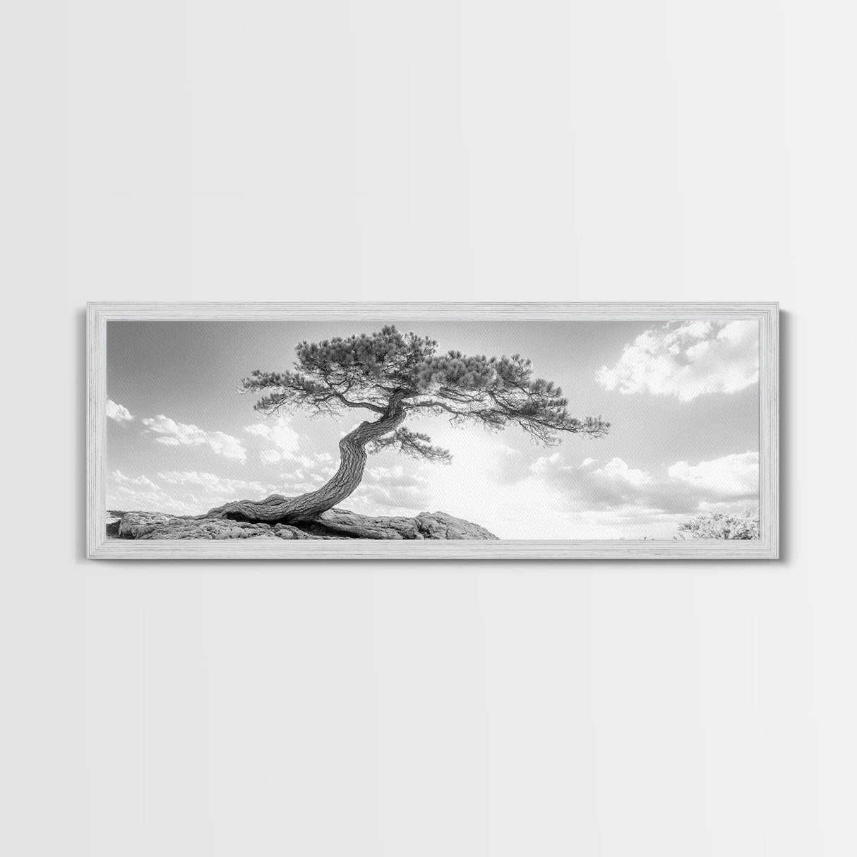 Lone Curved Tree, Zen Nature Print, Minimalist Landscape, Calming Decor, Framed Canvas Print, Bedroom Wall Statement