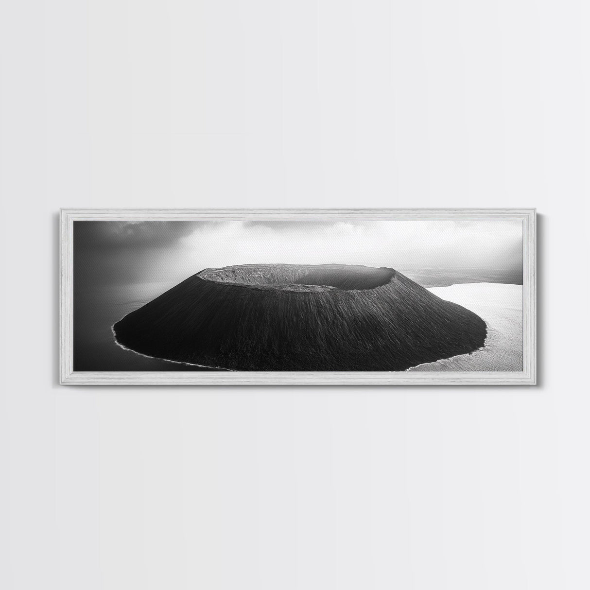 Island Volcano, Crater View, Aerial Landscape, Coastal Photography, Canvas Print, Nature Wall Decor, Bedroom Art, Monochrome Landscape