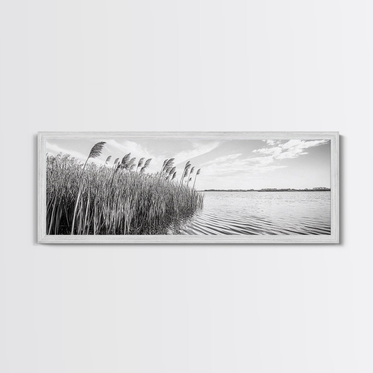 Windy Reeds, Lakeside Breeze, Natural Grass Art, Monochrome Landscape, Canvas Print, Boho Living Room Decor, Botanical Minimalist Wall Art