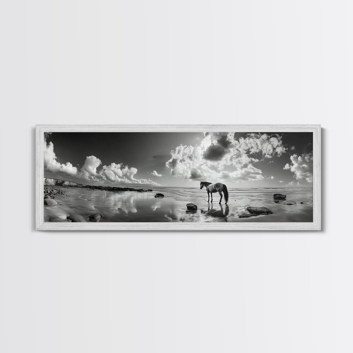 Beach Horse Reflection, Coastal Freedom, Wild Spirit Scene, Framed Canvas Print, Western Bathroom Art, Minimalist Beach House Decor