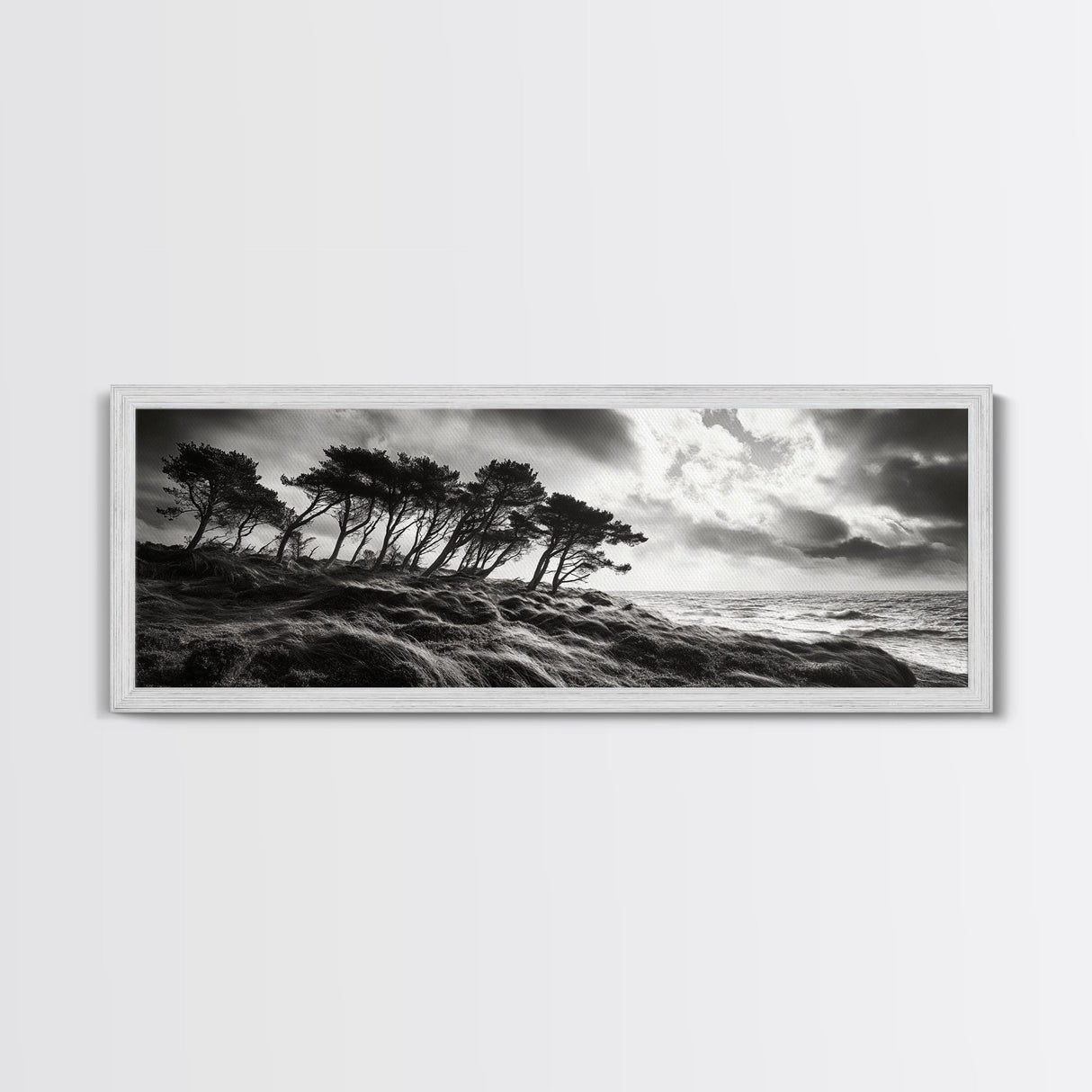 Windswept Pines, Stormy Sea, Moody Coastal Scene, Framed Canvas Print, Rustic Nature Decor, Bedroom Wall Art, Autumn Vibes
