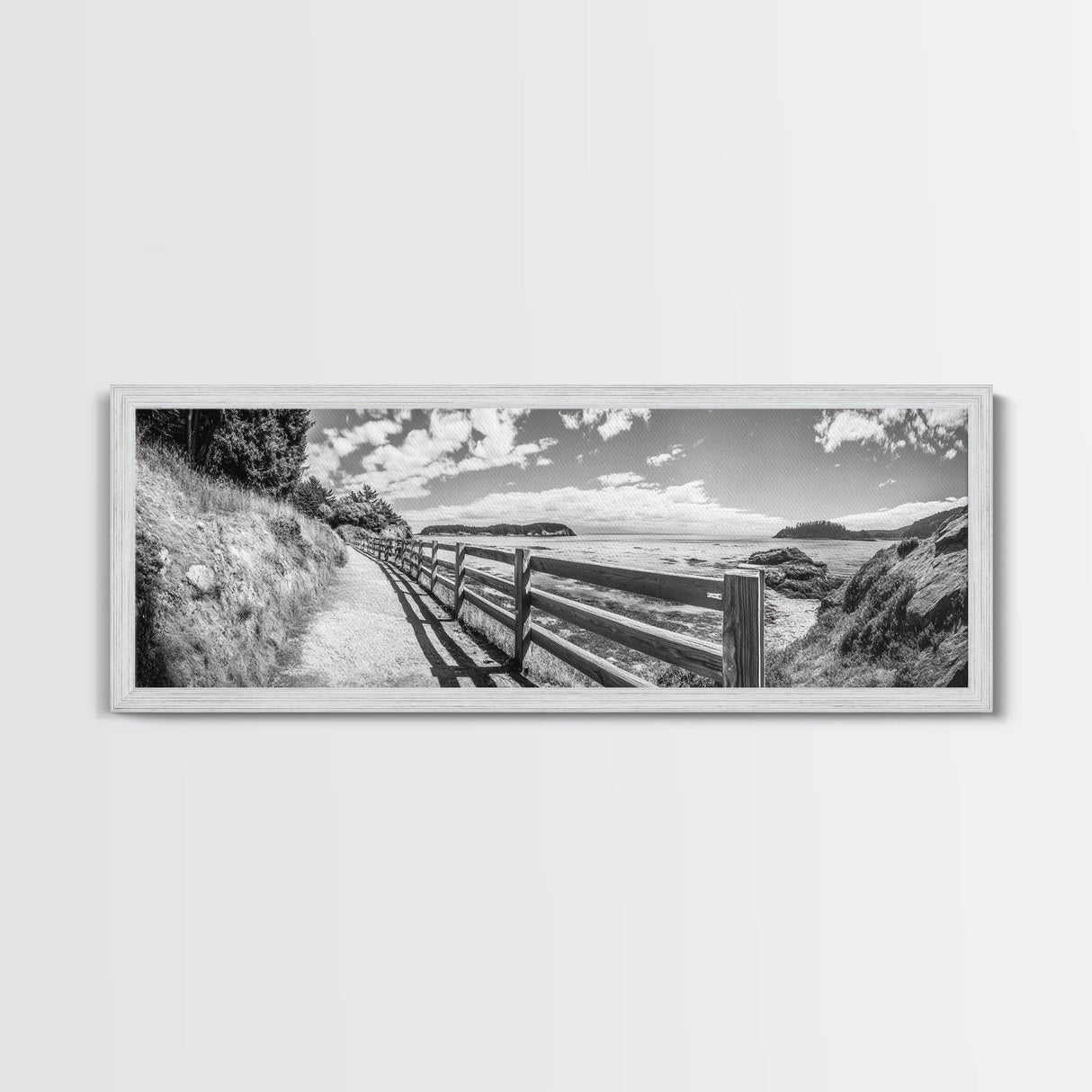 Coastal Fence Path, Island View, Ocean Trail, Framed Canvas Print, Bright Scenic Art, Living Room Decor, Seaside Landscape Vibe