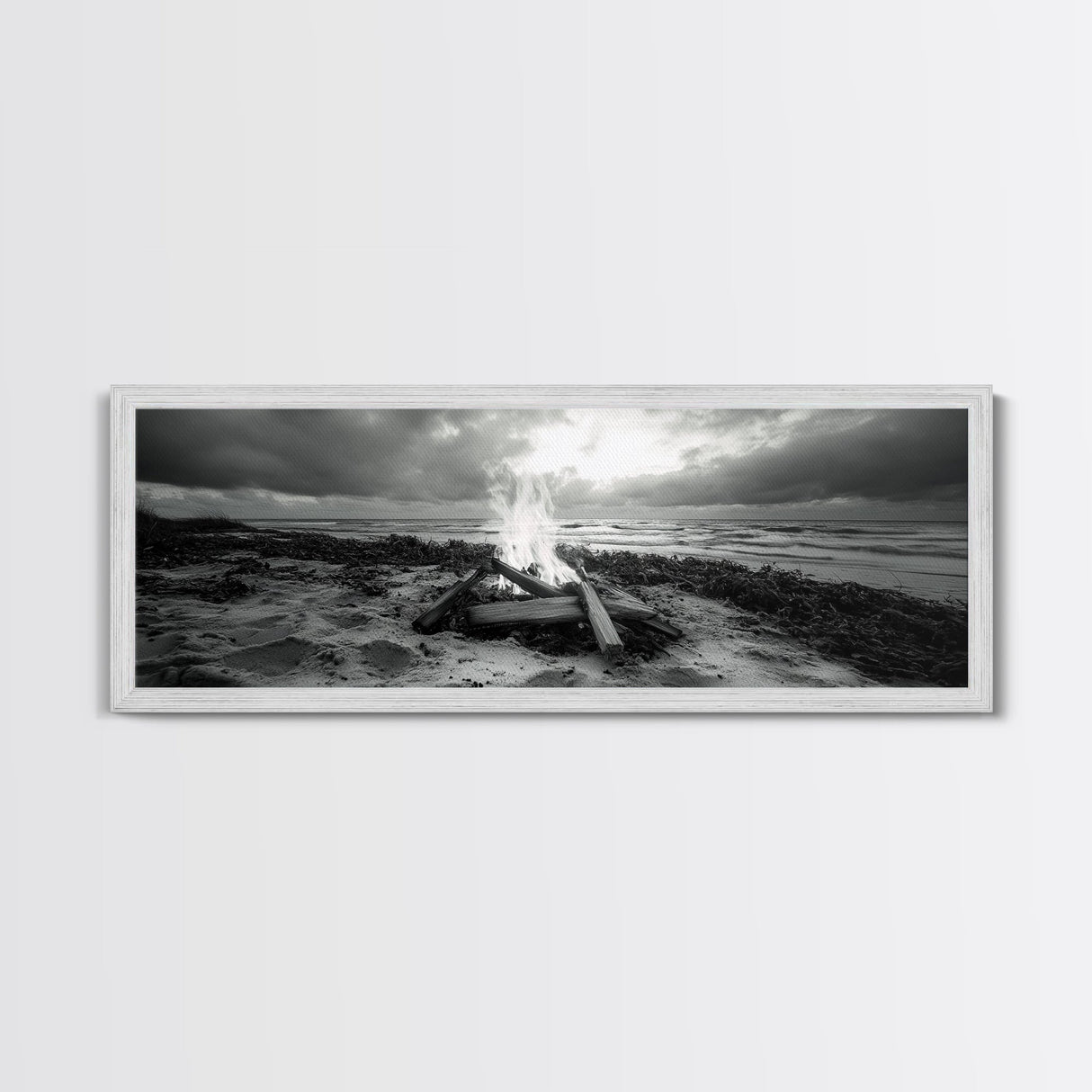 Driftwood Fire, Coastal Sky, Ocean Mood, Fall Campfire, Framed Canvas Print, rustic lake decor, bohemian fireplace art, nature wall accent