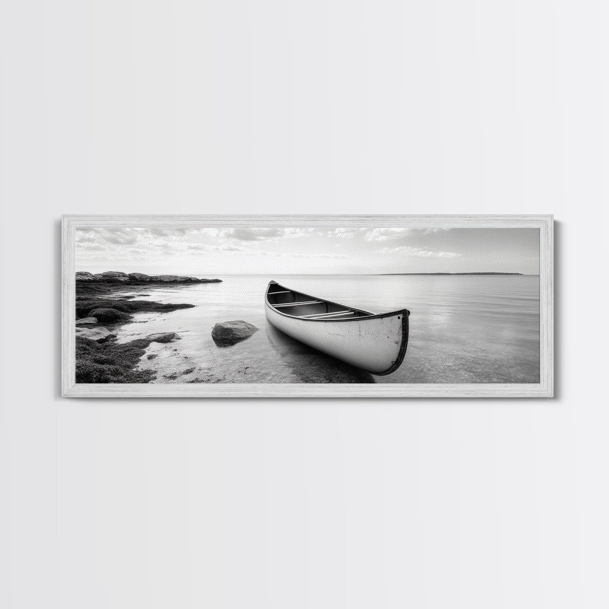 Canoe Shore, Coastal Calm, Nature Paddle, Tranquil Waters, Canvas Print, minimalist outdoor art, boho lake decor, living room wall piece