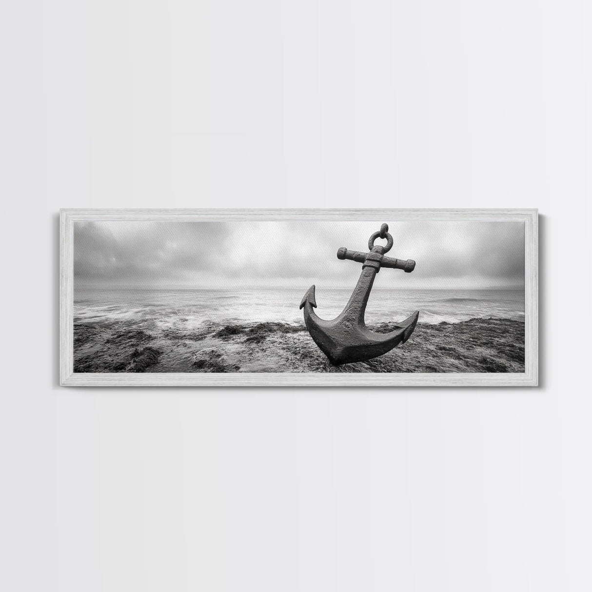 Anchor Shore, Ocean Symbol, Coastal Rust, Nautical Fog, Framed Canvas Print, Bathroom Decor, Marine Wall Art, Minimalist Nautical Style