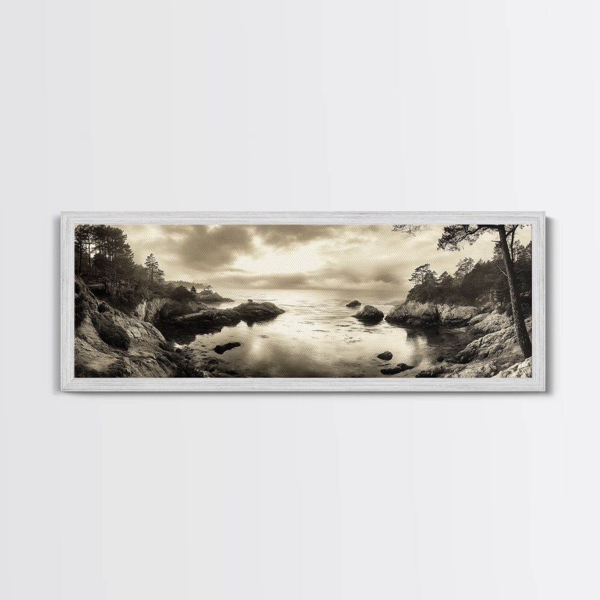 Hidden Cove Sunset, Rocky Seascape, Coastal Tranquility, Framed Canvas Print, Forest Edge, Moody Living Room Wall Art, Seaside Escape