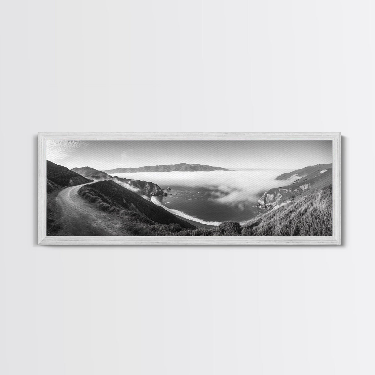 Mountain Road, Foggy Ocean View, Cliffside Drive, Framed Canvas Print, Scenic Wall Decor, Travel Photography, Modern Minimalist Art