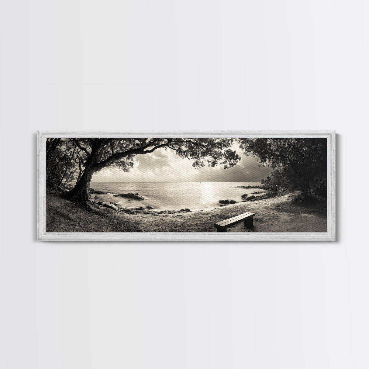 Serene Bench, Ocean View, Tropical Shoreline, Framed Canvas Print, Tranquil Beach Art, Entryway Decor, Nature Photography Wall Art