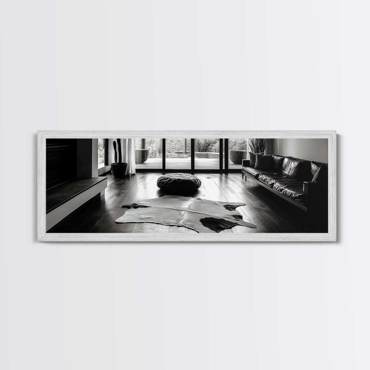Modern Living, Minimalist Decor, Cowhide Rug, Framed Canvas Print, Neutral Aesthetic Wall Art, Luxury Living Room Design Accent