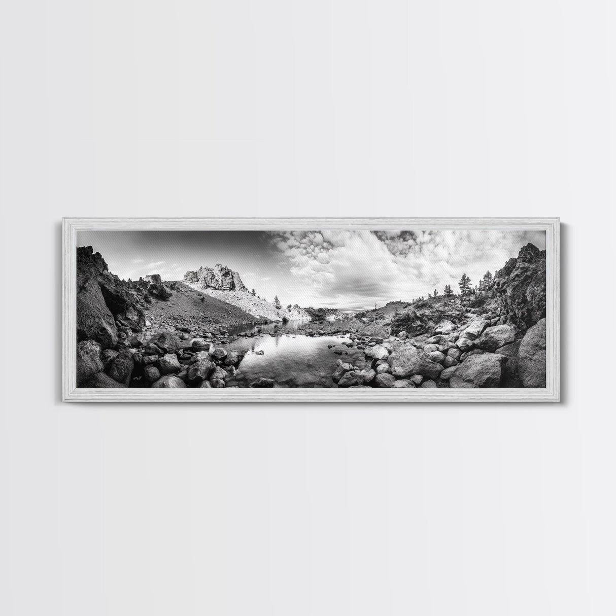 Rocky Lake, Wilderness Reflection, Mountain Calm, Framed Canvas Print, Cabin Nature Wall Art, Rustic Home Decor, Adventure Photography
