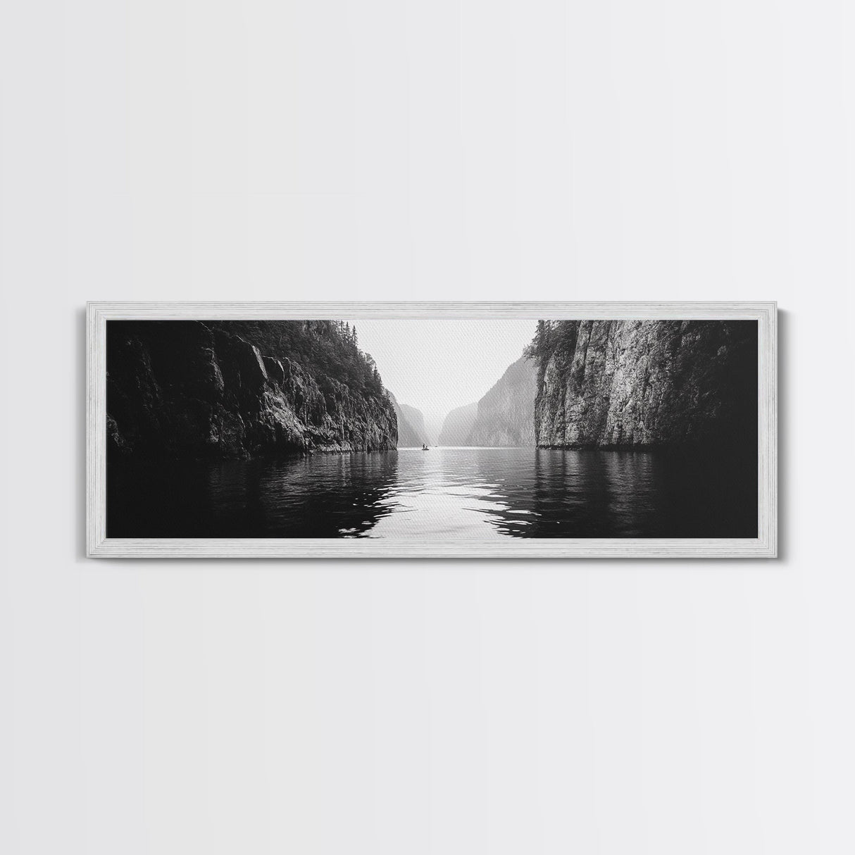 Misty Canyon, River Passage, Tranquil Adventure, Canvas Print, Nature Escape Wall Art, Zen Office Decor, Moody Black and White Style
