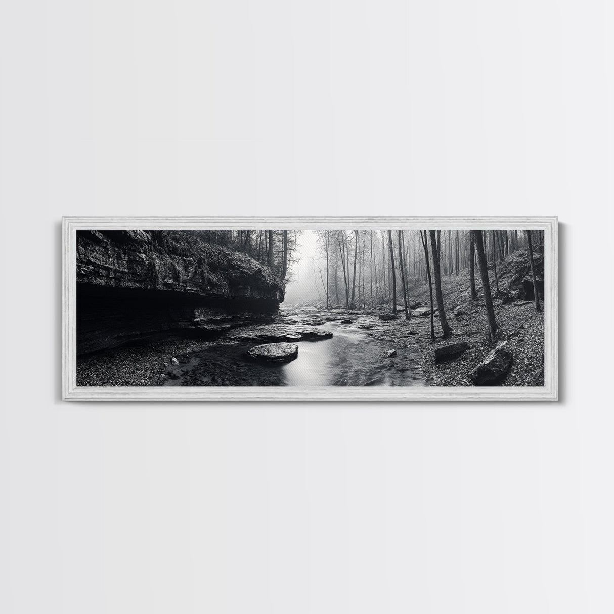 Misty River, Tranquil Forest, Autumn Nature, Monochrome Photography, Framed Canvas Print, Bedroom Wall Art, Rustic Decor, Minimalist Style