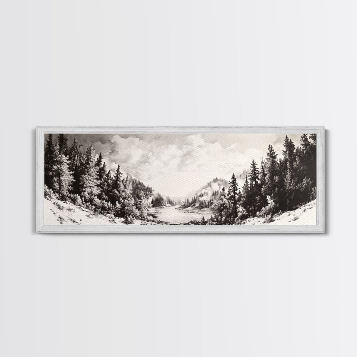 Snowy Pines, Winter Landscape, Woodland Valley, Fine Art Nature, Framed Canvas Print, Cabin Wall Art, Mountain Decor, Rustic Winter Scene