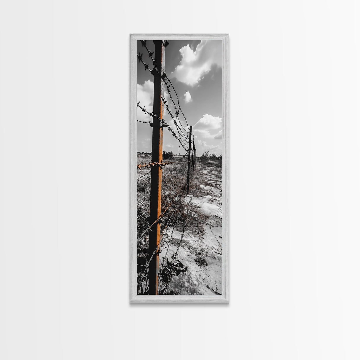 Rust Fence, Barbed Wire, Dramatic Sky, Framed Canvas Print, Abandoned Rural Art, Modern Industrial Decor, Grayscale Country Wall Art