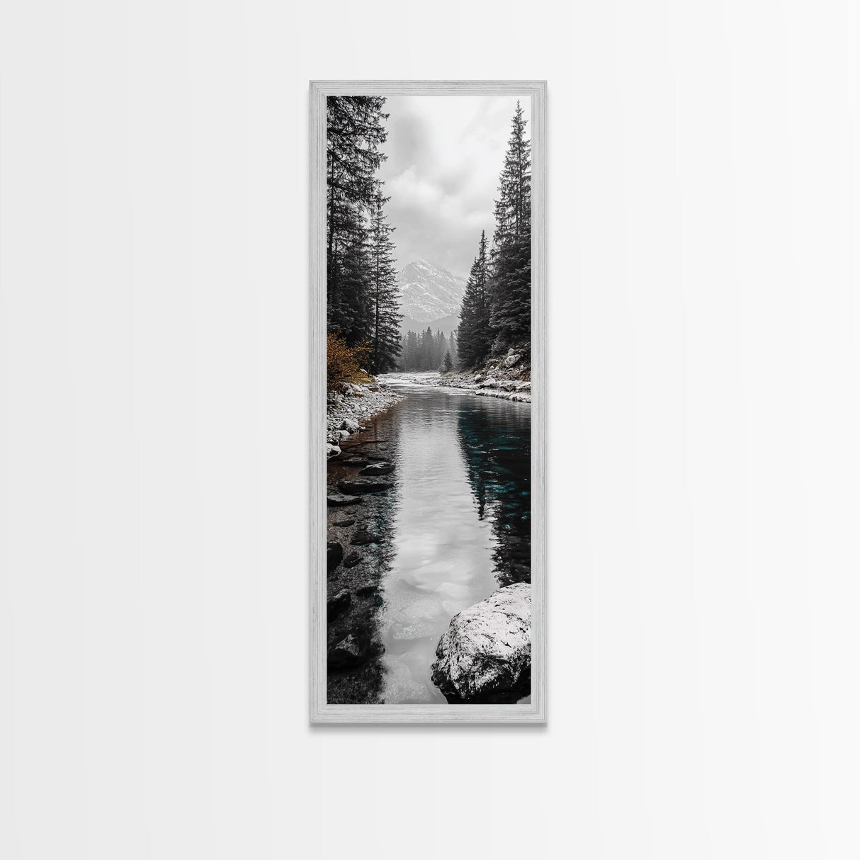 Mountain River, Forest Reflections, Nature Tranquility, Winter Pines, Canvas Print, Serene Landscape Wall Art, Bedroom Cabin Decor