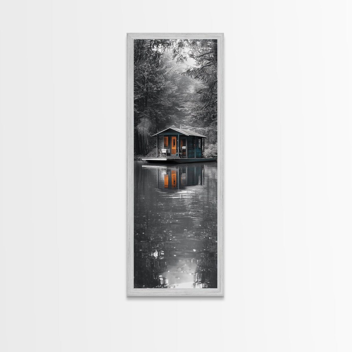Cabin Reflection, Lake House Art, Cozy Forest Home, Canvas Print, Winter Wall Decor, Rustic Bedroom Artwork, Cabin Lover Gift