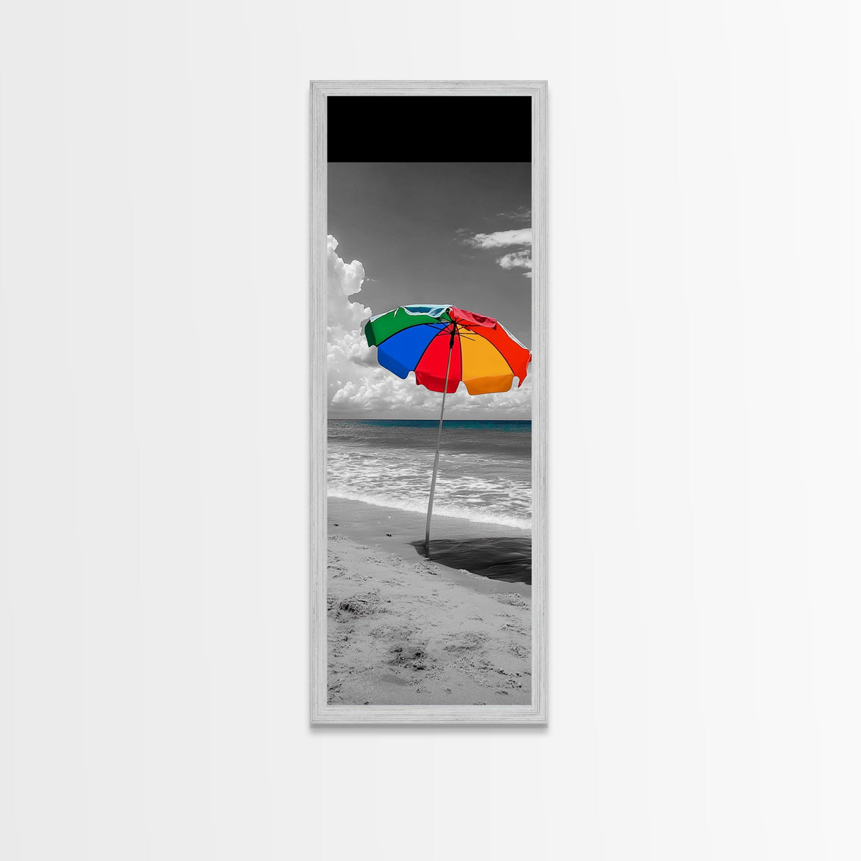 Rainbow Umbrella, Sandy Beach, Summer Sky, Framed Canvas Print, Coastal Bathroom Art, Vibrant Beach Decor, Modern Tropical Style
