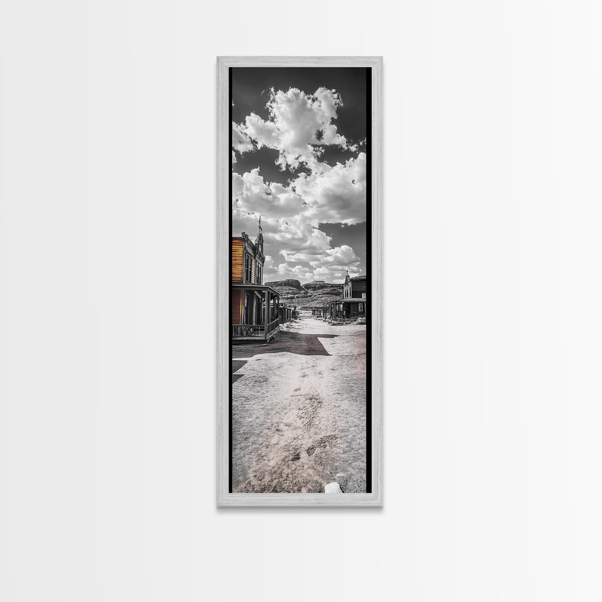 Desert Street, Western Town, Cloudy Skies, Frontier Road, Framed Canvas Print, Rustic Wall Art, Western Style Decor, Saloon Theme
