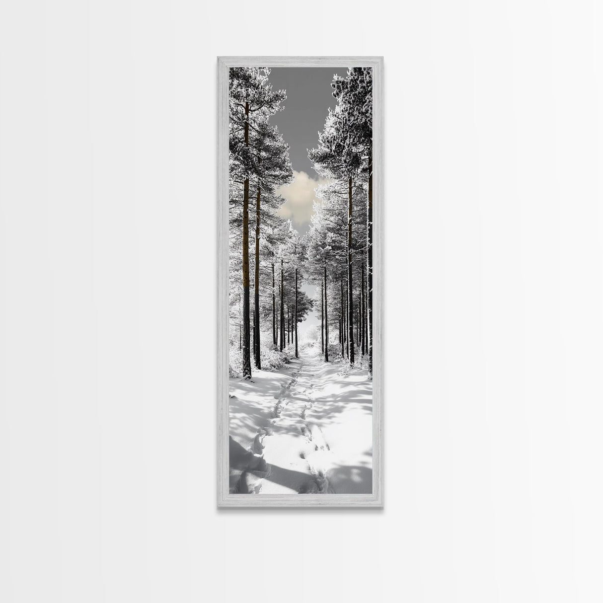Snow Path, Winter Forest, Frosty Pines, Silent Trail, Framed Canvas Print, Christmas Wall Art, Cabin Decor, Nordic Winter Scene
