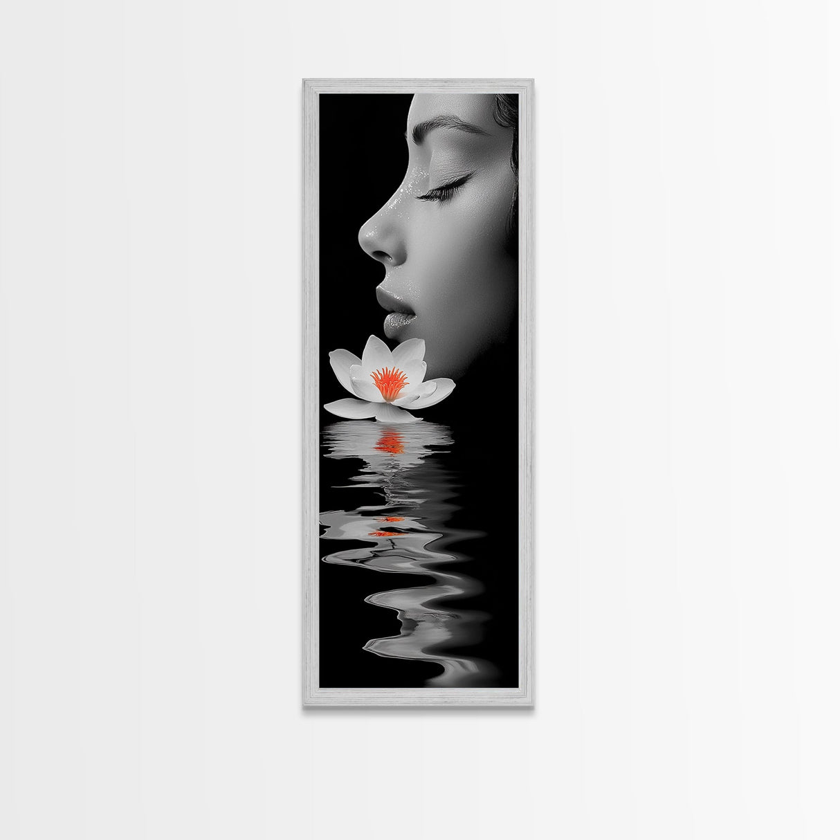 Lotus Beauty, Reflection Art, Feminine Calm, Elegant Profile, Framed Canvas Print, Spa Wall Art, Zen Decor, Minimalist Bathroom Art