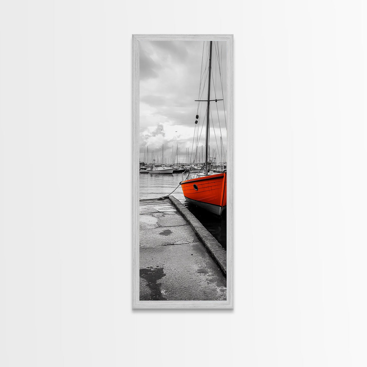 Vibrant Boat, Dockside Scene, Nautical Decor, Color Accent, Framed Canvas Print, Black and White Photography, Coastal Wall Art, Bathroom Art