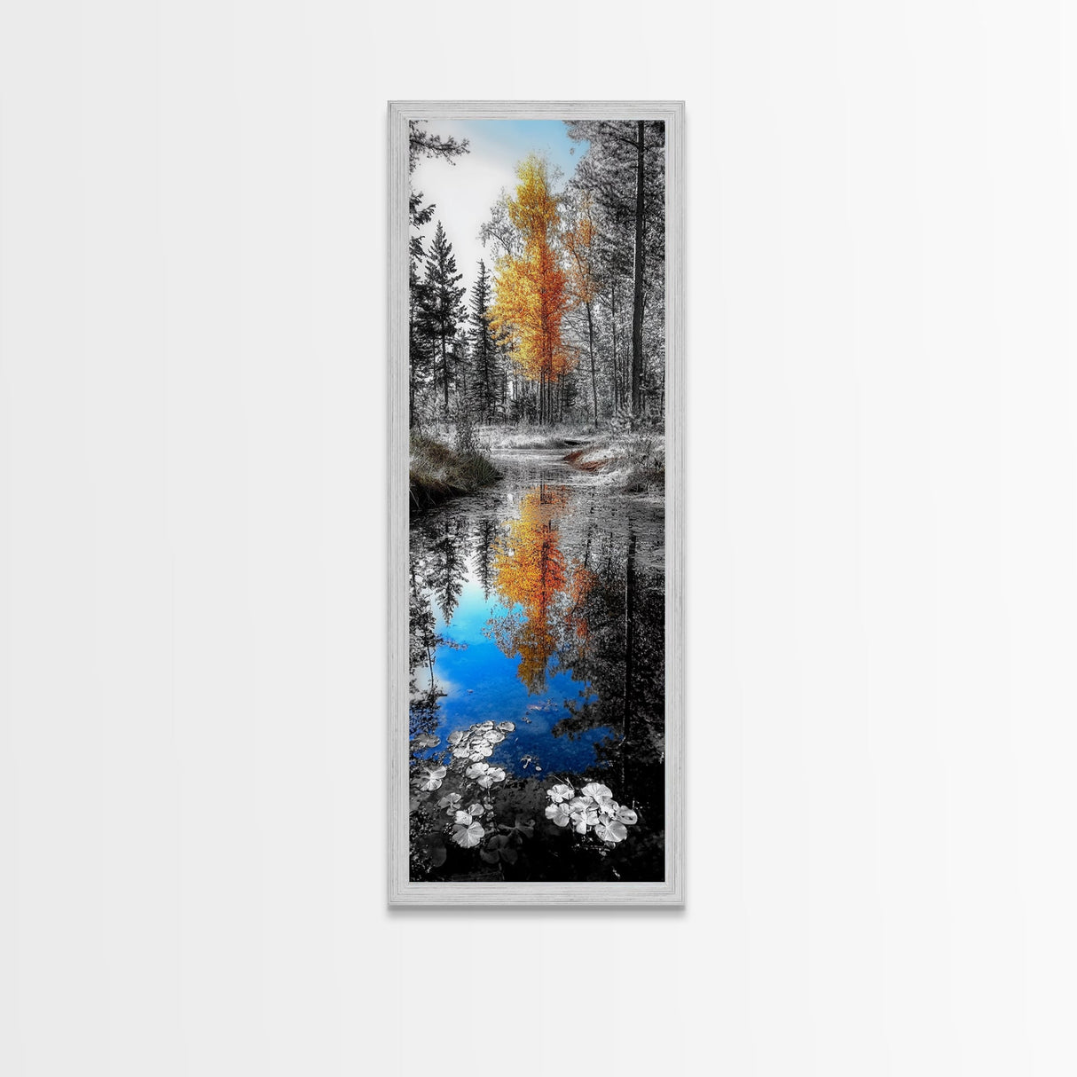 Golden Tree, Blue Reflection, Autumn Forest Mirror, Seasonal Beauty, Canvas Print, Fall Wall Art, Nature Decor, Living Room Accent