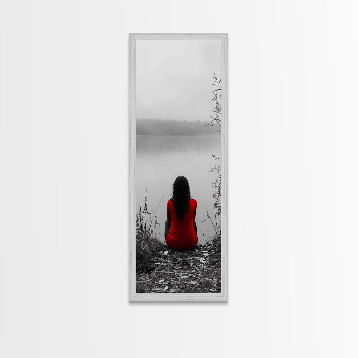 Solitude Reflection, Red Dress Woman, Tranquil Mood, Autumn Lake Scene, Framed Canvas Print, Mindful Art, Bedroom Wall Decor