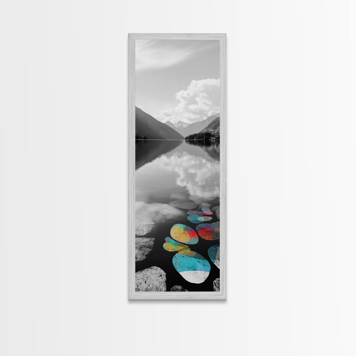Lake Pebbles Art, Colorful Stones, Mountain Reflection, Calm Waterscape, Canvas Print, Zen Decor, Boho Lake Art, Bathroom Wall Art