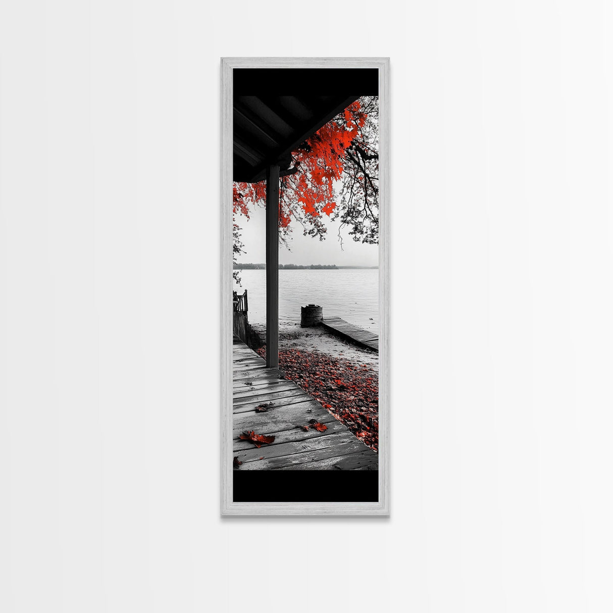 Fall Porch Scene, Lakeview Autumn, Red Leaves Deck, Tranquil Water, Canvas Print, Rustic Wall Art, Cozy Cabin Decor, Entryway Style
