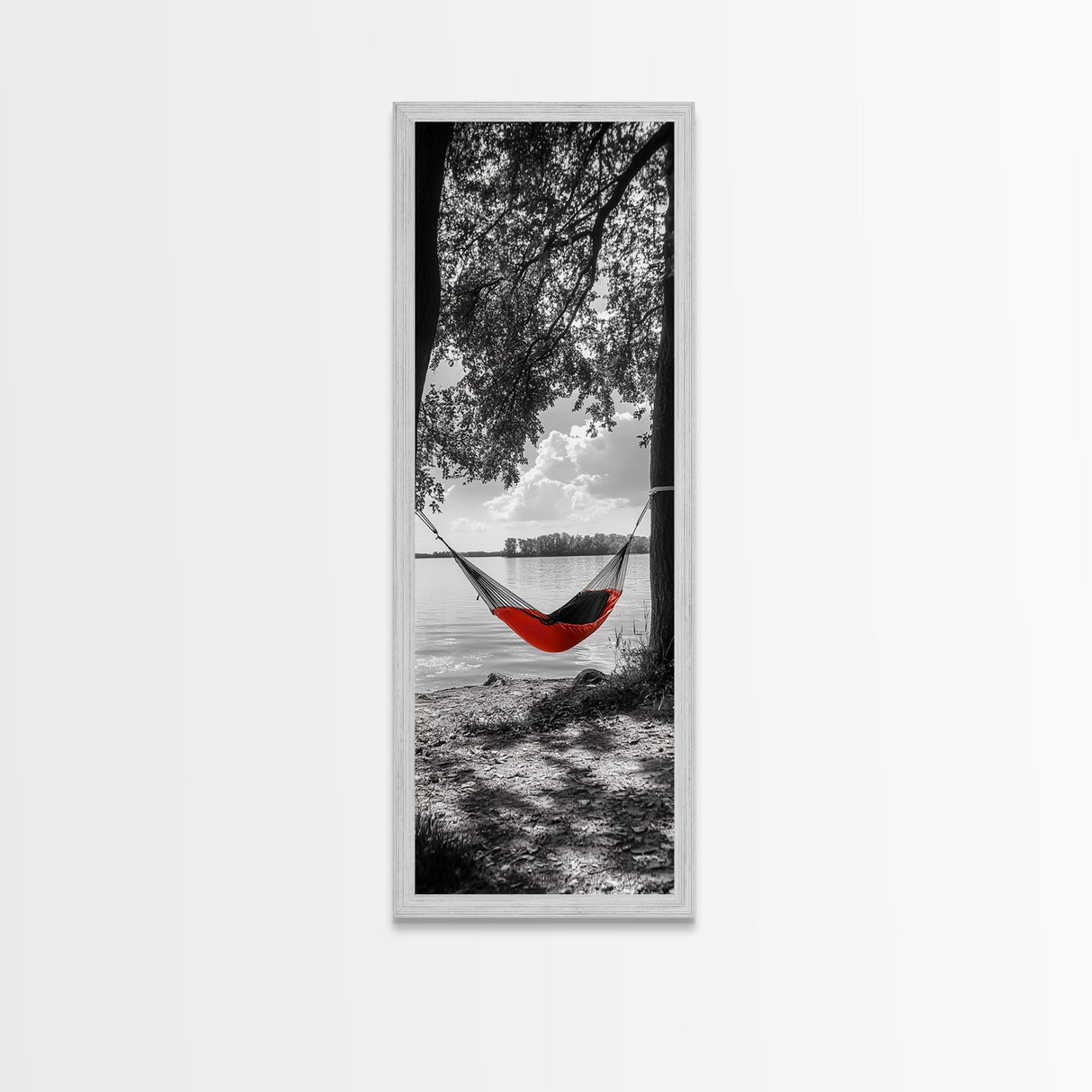 Red Hammock Escape, Nature Lake Art, Serene Moment, Outdoor Vibes, Framed Canvas Print Rustic Bedroom Wall Art, Minimalist Landscape