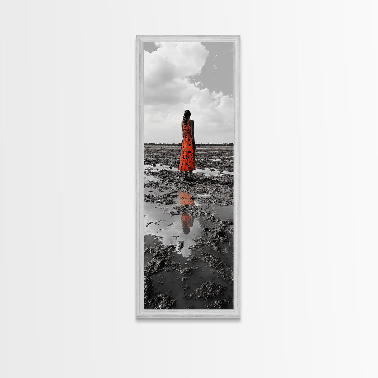 Solitary Woman, Polka Dot Dress, Reflected Mood, Framed Canvas Print, Surreal Fine Art, Bedroom Wall Art, Contemporary Minimalist Style