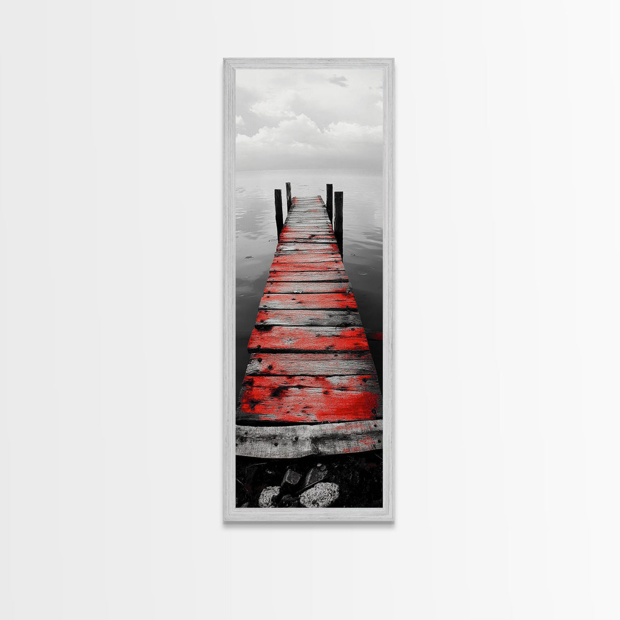 Red Dock, Still Water, Rustic Lake, Quiet Pier, Canvas Print, Bedroom Wall Art, Moody Lake Photography, Autumn Cabin Decor, Minimalist