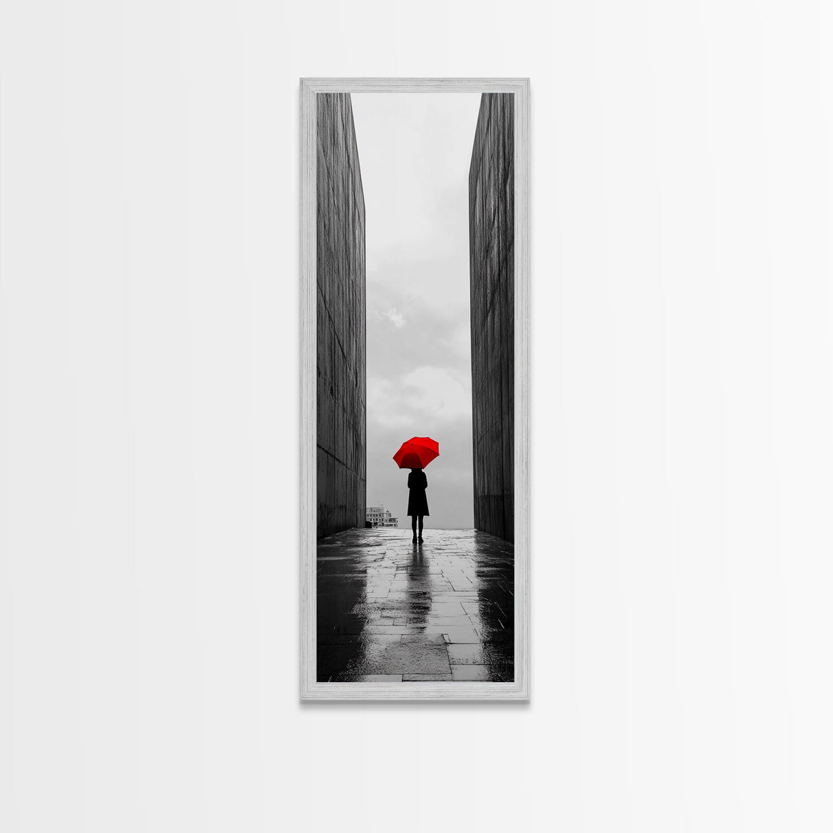 Red Umbrella, Rainy Day, Urban Silhouette, Framed Canvas Print, Minimalist Wall Art, Modern Entryway Decor, Monochrome Mood