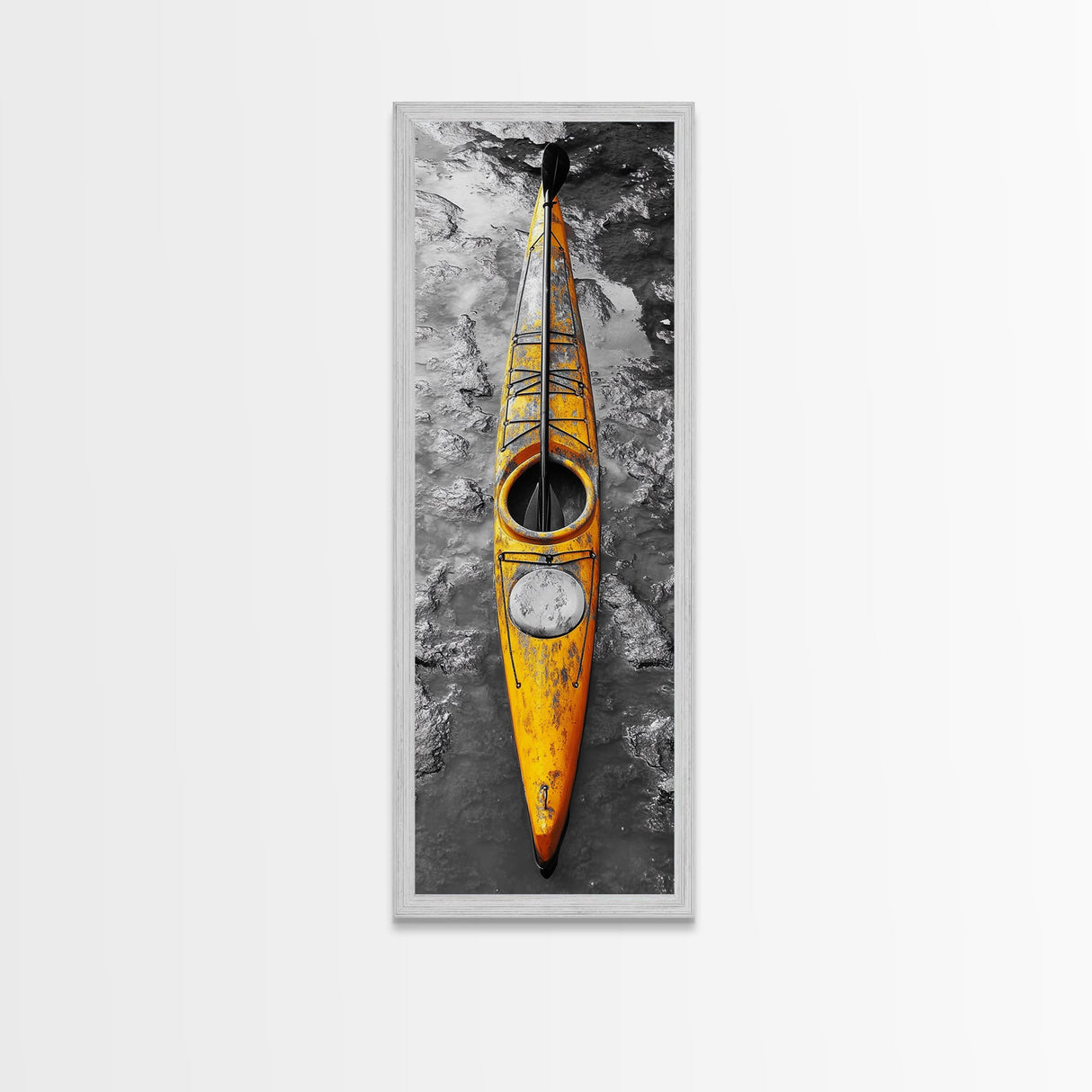 Yellow Kayak, Muddied Shoreline, Solo Adventure, Framed Canvas Print, Rustic Outdoors Decor, Autumn Wall Art, Boho Kayaking Style