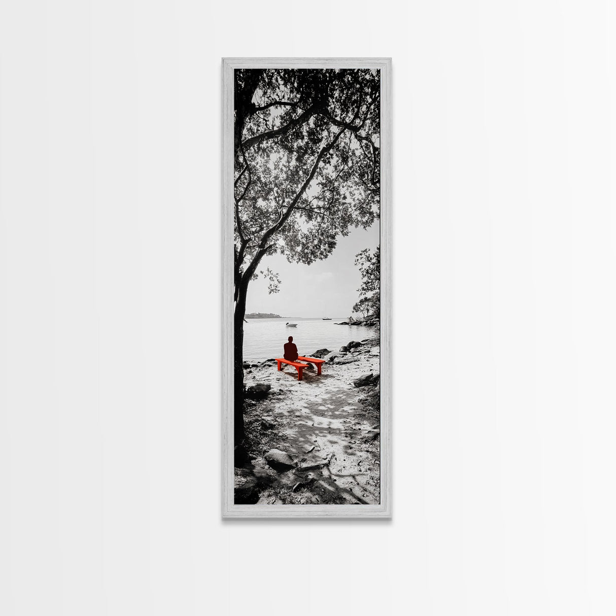 Lonely Figure, Red Bench, Reflective Scene, Peaceful Beach Wall Art, Framed Canvas Print, Black and White Photography, Zen Room Decor