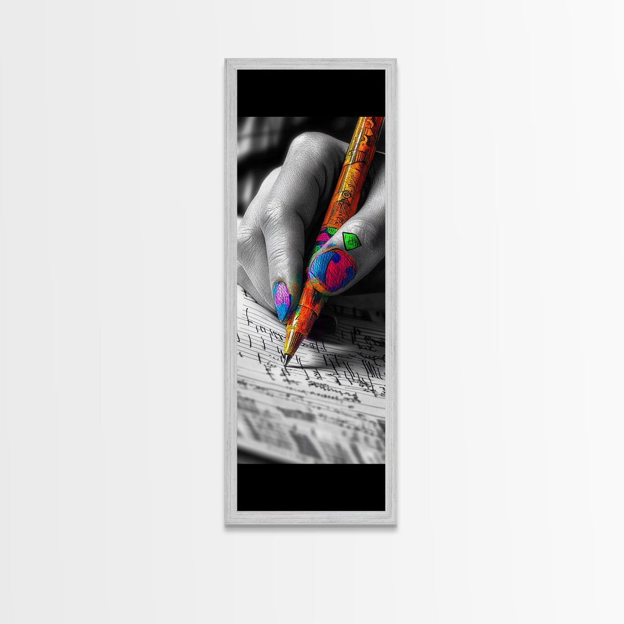Vibrant Nails, Artistic Pen, Writing Closeup, Framed Canvas Print, Bold Office Wall Art, Pop Art Style, Creative Studio Decor