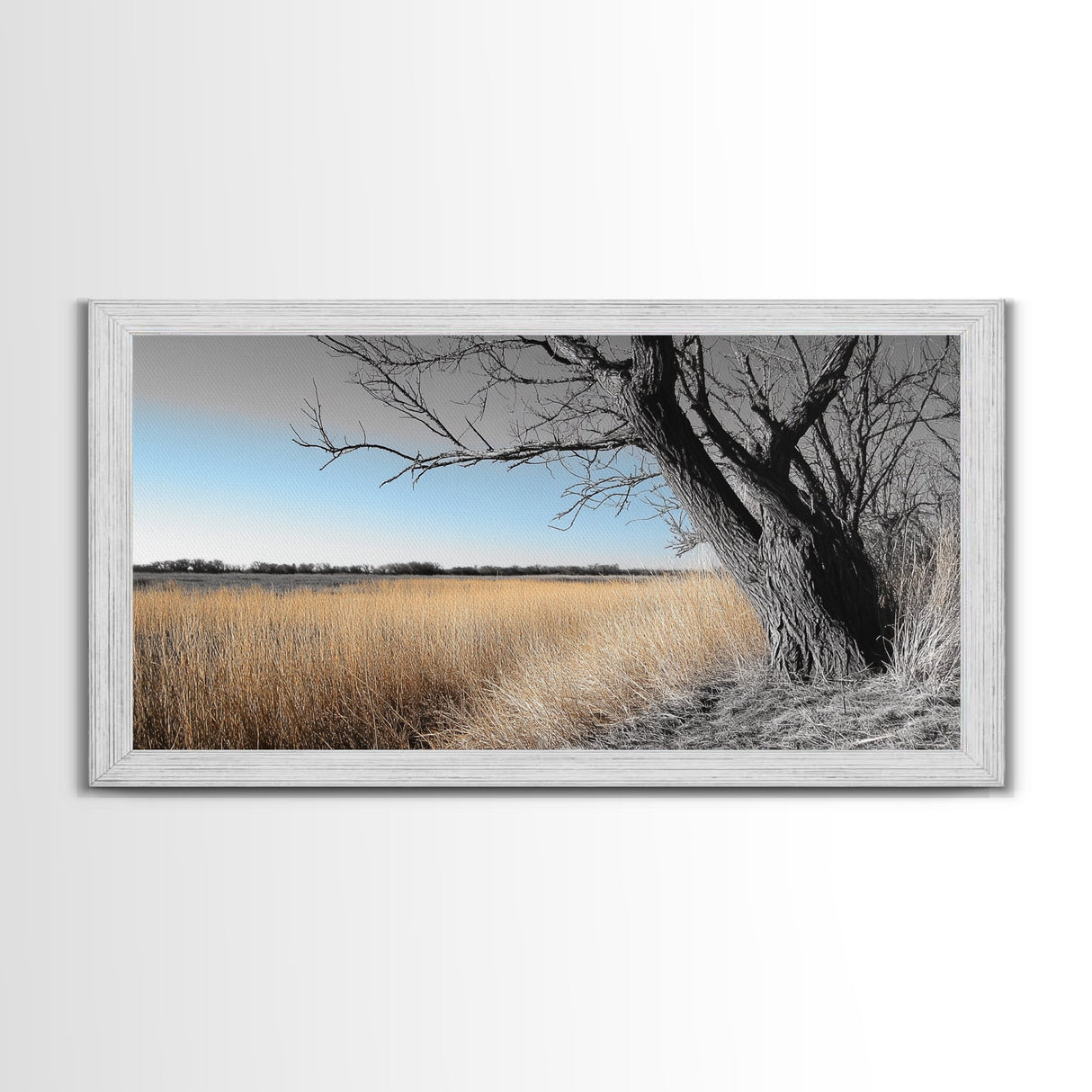 Open Plains, Blue Sky, Rustic Tree, Minimalist Field, Canvas Print, Country Style Wall Art, Farmhouse Hallway Decor, Soft Landscape Mood