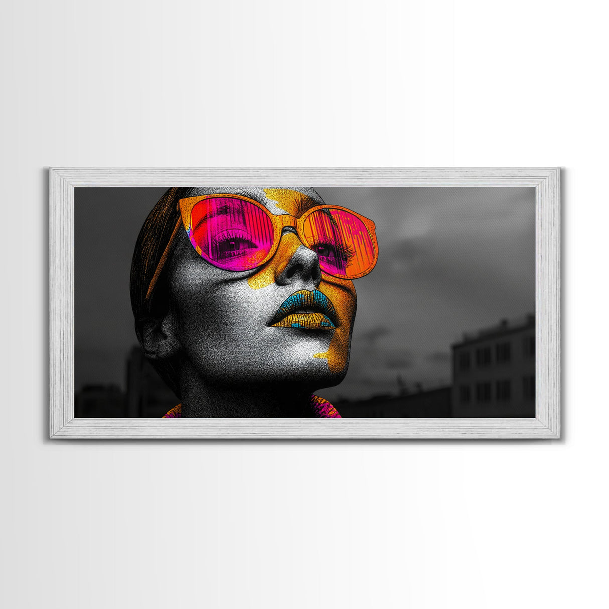 Pop Art, Sunglasses, Neon, Bold and vibrant pop art woman in neon shades on Framed Canvas Print, modern Teen Room Wall Art, Stylish Decor