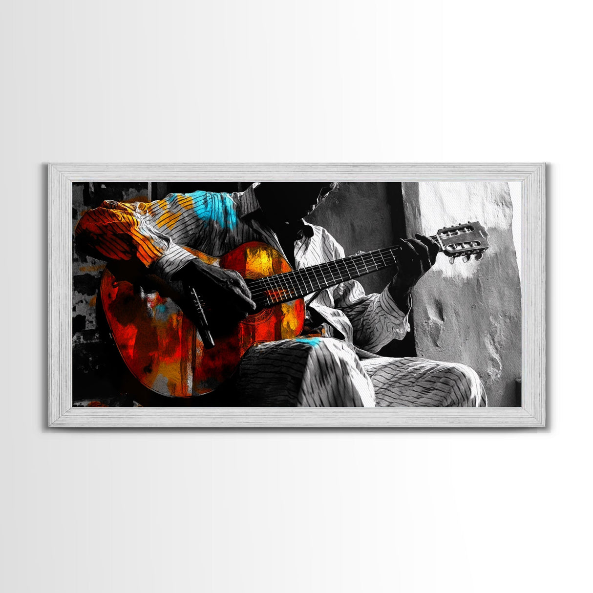 Guitarist, Music, Expression, Moody musical moment captured in this Framed Canvas Print, Boho Music Room Art, Artistic Studio Wall Art