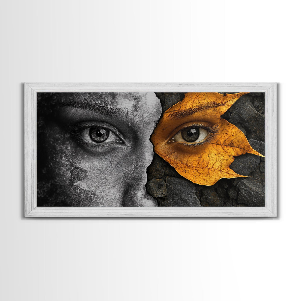 Eyes, Autumn, Leaves, Emotional duality in surreal leaf-face art on this Framed Canvas Print, Fall Decor and Unique Modern Living Room Art