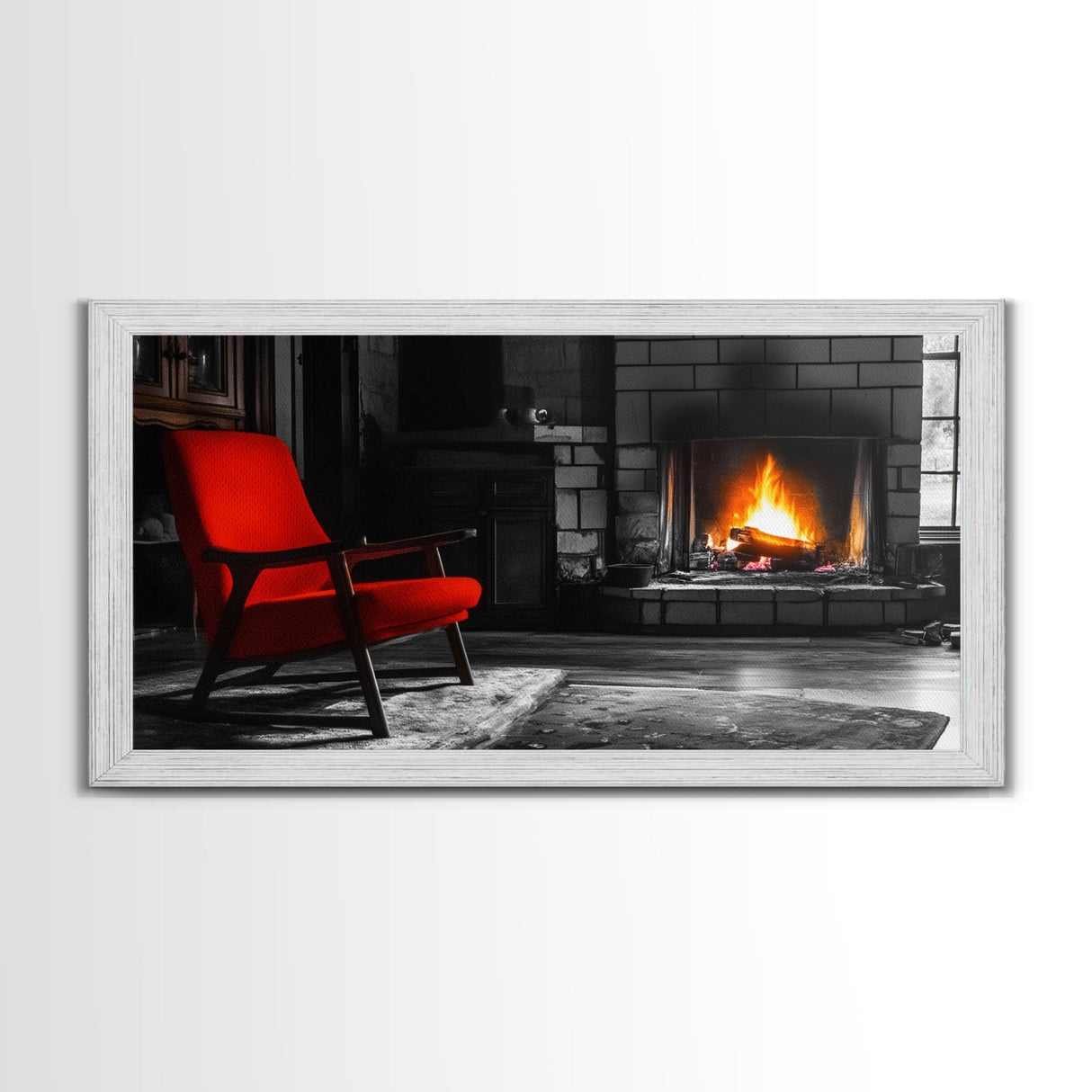 Fireplace, Red Chair, Cozy firelight and bold red accent chair on this Framed Canvas Print, Cozy Fall Living Room Art, Cabin Decor Accent