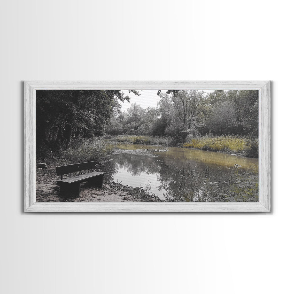 Tranquil Forest, Peaceful Pond, Autumn Riverbank, Framed Canvas Print, Nature Photography, Entryway Art, Fall Vibes, Rustic Wall Decor