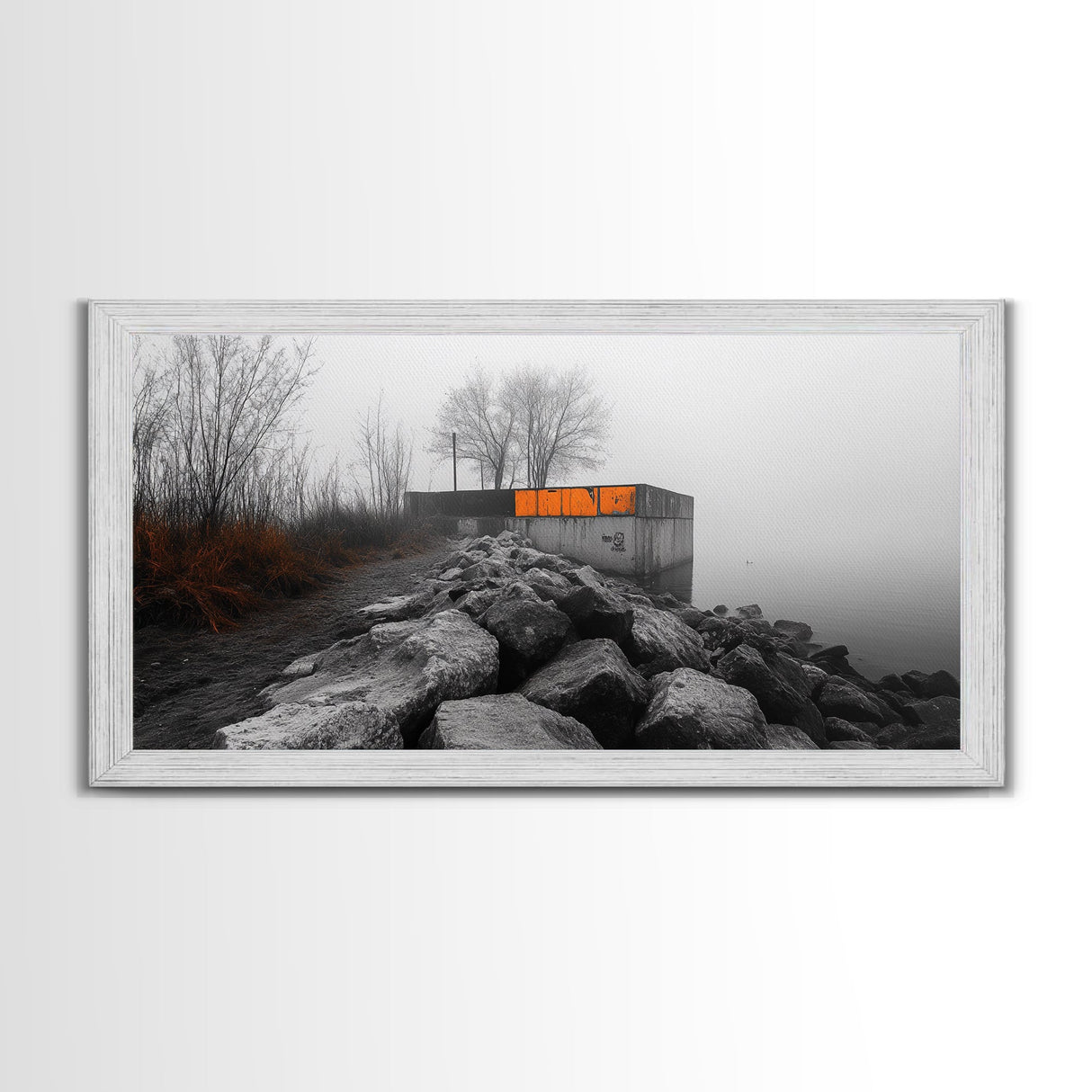 Fog Wall, Concrete Graffiti, Misty Lake Path, Framed Canvas Print, Urban Nature Blend, Moody Art, Hallway Decor, Modern Grayscale Style