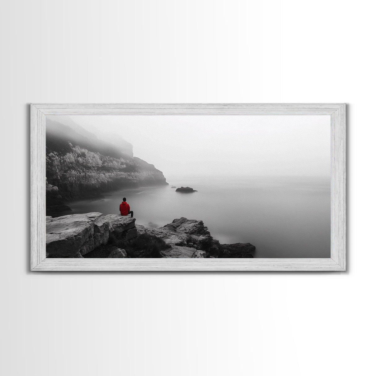 Red Hoodie, Ocean Cliff, Misty Silence, Framed Canvas Print, Minimalist Solitude Art, Mental Health Awareness, Bedroom Wall Decor, Calm Scene