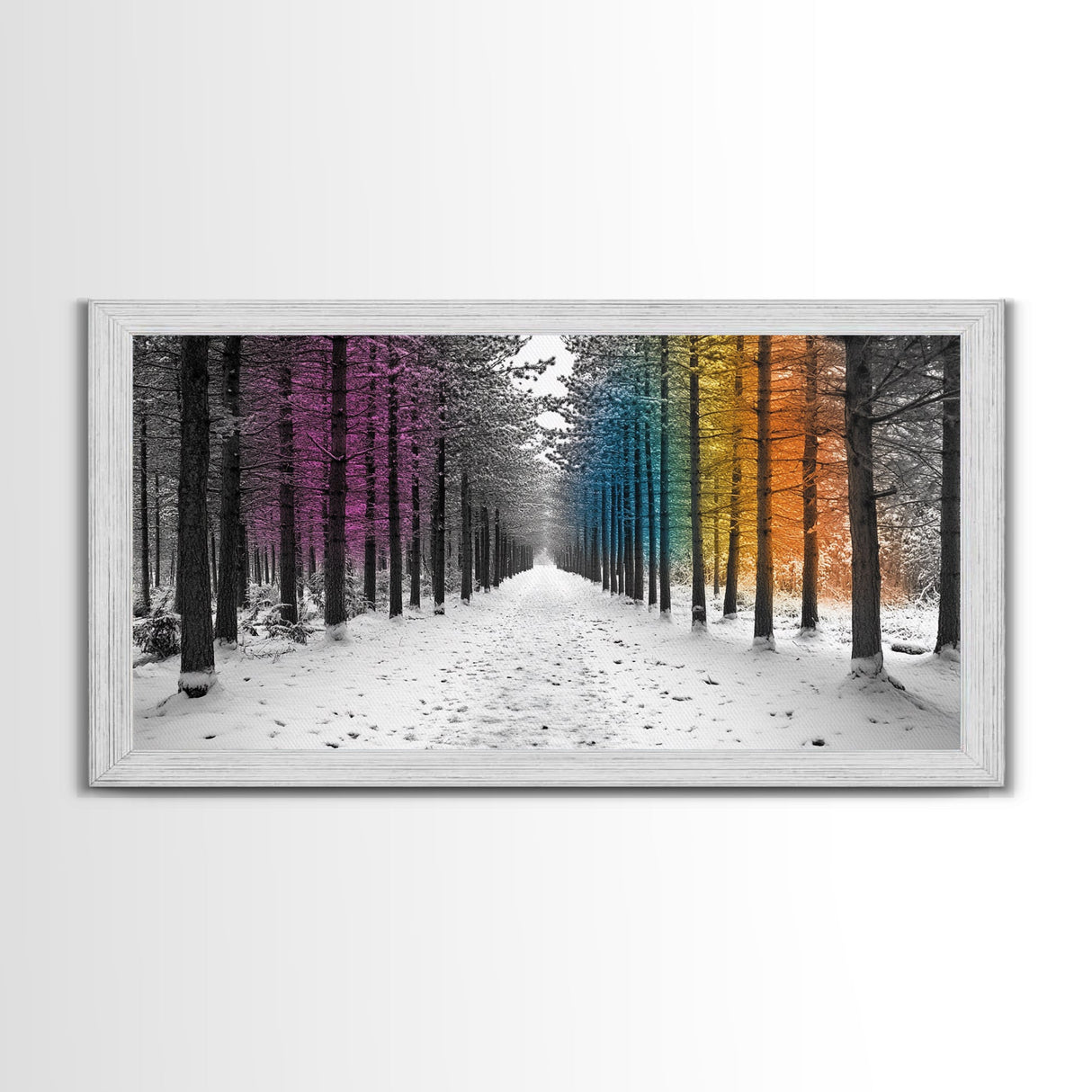 Snowy Pines, Rainbow Forest, Winter Walkway, Colorful Trees, Canvas Print, Whimsical Art, Nursery Wall Art, Minimalist Nature Style