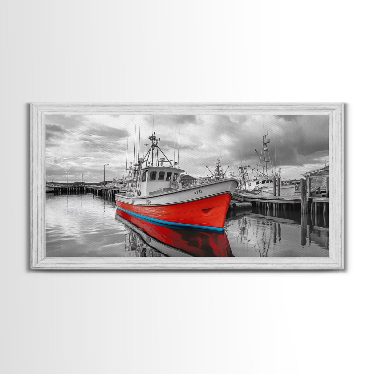 Red Boat, Dock Reflections, Moody Sky, Harbor Life, Framed Canvas Print, Nautical Wall Decor, Coastal Art, Living Room Art, Maritime Style