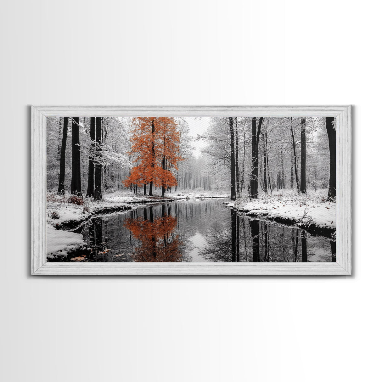 Orange Tree, Snow Forest, Winter River, Autumn Contrast, Canvas Print, Fall Wall Decor, Living Room Art, Nature Photography, Moody Art