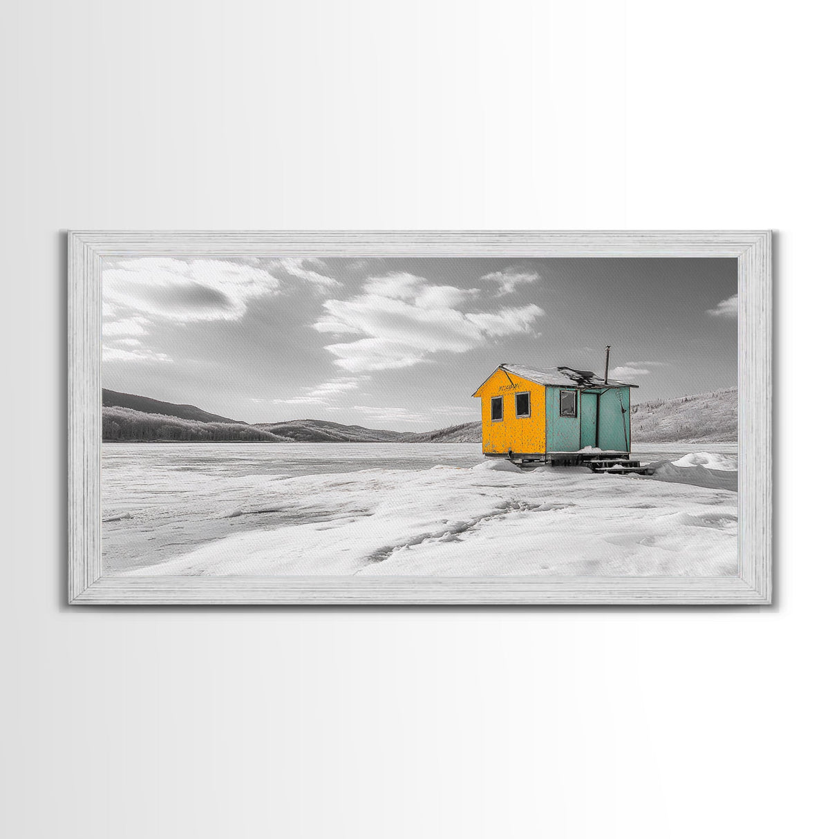 Yellow Cabin, Frozen Lake, Snowy Escape, Winter Minimalism – Framed Canvas Print, Scandinavian Wall Art, Cozy Living Room, Nordic Style