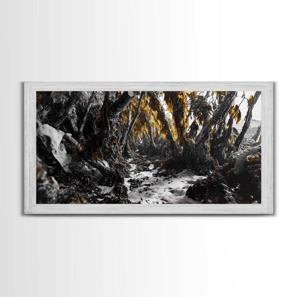 Kelp Forest, Coastal Jungle, Tidal Path, Ocean Shadows – Framed Canvas Print, Moody Marine Wall Art, Bathroom Decor, Natural Ocean Tones